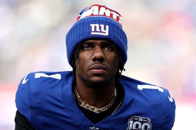 EAST RUTHERFORD, NEW JERSEY - DECEMBER 29: Malik Nabers #1 of the New York Giants looks on before the game against the Indianapolis Colts at MetLife Stadium on December 29, 2024 in East Rutherford, New Jersey. (Photo by Luke Hales/Getty Images)