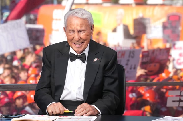 COLUMBUS, OHIO - AUGUST 30: Lee Corso looks on while sitting on the set of College Game Day at Ohio Stadium on August 30, 2025 in Columbus, Ohio. (Photo by Jason Mowry/Getty Images)