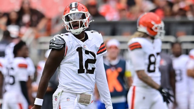 Aug 23, 2025; Cleveland, Ohio, USA; Cleveland Browns quarterback Shedeur Sanders (12) reacts during the second half against the Los Angeles Rams at Huntington Bank Field. Mandatory Credit: Ken Blaze-Imagn Images