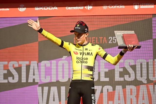 Team Visma-Lease a Bike's Danish rider Jonas Vingegaard celebrates on stage after winning stage nine of the Vuelta
