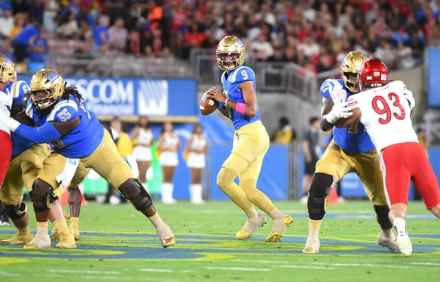 UCLA quarterback Nico Iamaleava (9) drops back to pass against Utah during first half of their game at the Rose Bowl in Pasadena on Saturday, Aug. 30, 2025.(Photo by Andy Holzman, Contributing Photographer)