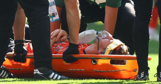 Soccer Football - Championship Play-Off Final - Coventry City v Luton Town - Wembley Stadium, London, Britain - May 27, 2023  Luton Town's Tom Lockyer is placed on a stretcher after sustaining an injury. Action Images via Reuters/Matthew Childs