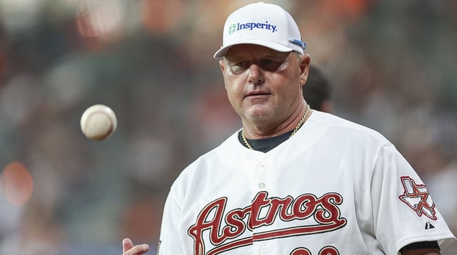 Aug 2, 2024; Houston, Texas, USA; Houston Astros former pitcher Roger Clemens tosses a ball before the game between the Astros and the Tampa Bay Rays at Minute Maid Park. Mandatory Credit: Troy Taormina-Imagn Images