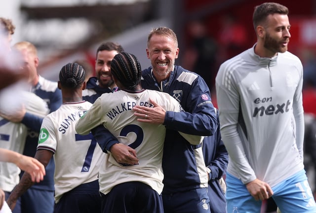Soccer Football - Premier League - Nottingham Forest v West Ham United - The City Ground, Nottingham, Britain - August 31, 2025 West Ham United manager Graham Potter and Kyle Walker-Peters celebrate after the match REUTERS/David Klein