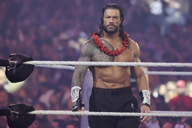 Roman Reigns looks on before his Triple Threat match against CM Punk and Seth Rollins during WrestleMania 41 at Allegiant Stadium on April 19, 2025 in Las Vegas, Nevada.