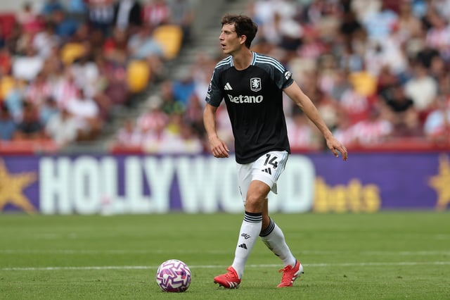 Pau Torres of Aston Villa controls the ball during the Premier League match between Brentford and Aston Villa at Gtech Community Stadium on August 23, 2025 in Brentford, England.