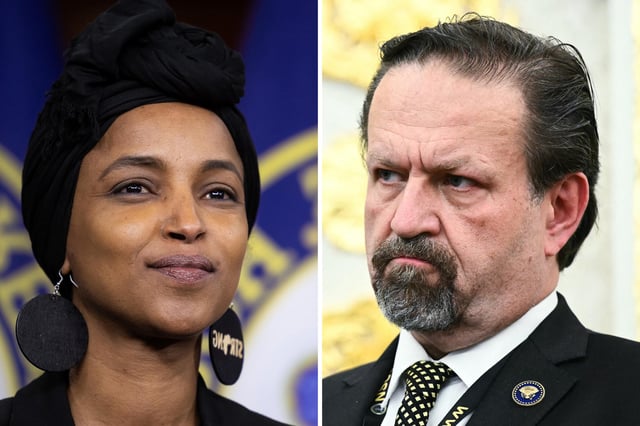 Rep. Ilhan Omar (D-Minn.) looks on during a Congressional Progressive Caucus press conference on Capitol Hill Dec. 5, 2024.  // Deputy Assistant to the President and Senior Director for Counterterrorism Sebastian Gorka watches as US President Donald Trump speaks after signing a proclamation honoring the fourth anniversary of the attack at Abbey Gate, a suicide bombing that took place at Kabul International Airport in Kabul, in the Oval Office of the White House in Washington, DC on August 25, 2025.