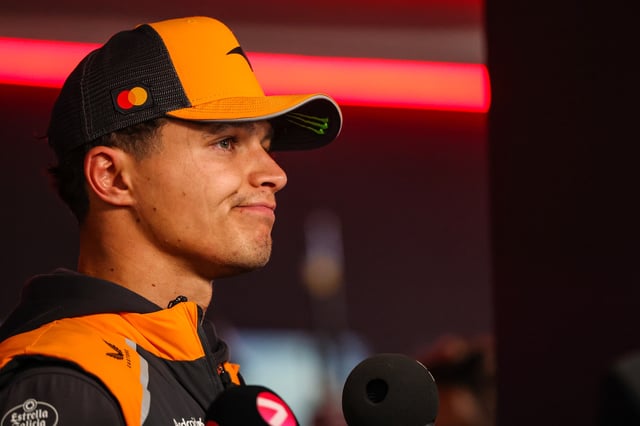 Lando Norris of Great Britain and McLaren in the media pen during the F1 Grand Prix of Netherlands at Circuit Zandvoort on August 31, 2025 in Zandvoort, Netherlands.