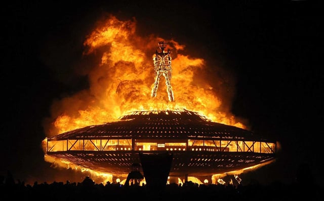 The “Man” effigy burns as part of an earlier Burning Man counterculture gathering in the Nevada desert. A man was found dead Saturday at Burning Man, launching a federal investigation.