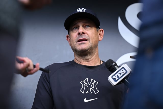 CHICAGO, ILLINOIS - AUGUST 30: Manager Aaron Boone of the New York Yankees speaks to the media prior to the game against the Chicago White Sox at Rate Field on August 30, 2025 in Chicago, Illinois. (Photo by Daniel Bartel/Getty Images)