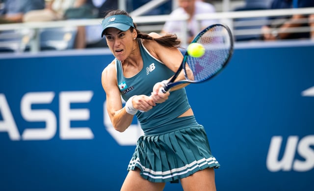 Sorana Cirstea of Romania in action against Karolina Muchova of the Czech Republic in the second round on Day 5 of the US Open at USTA Billie Jean King National Tennis Center on August 28, 2025 in New York City.