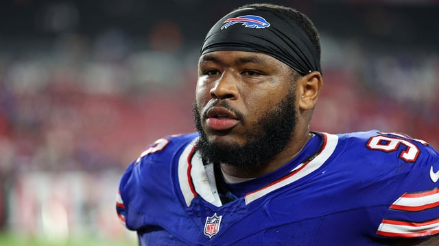 Aug 23, 2025; Tampa, Florida, USA;Buffalo Bills defensive tackle DeWayne Carter (90) looks on after a game against the Tampa Bay Buccaneers at Raymond James Stadium. Mandatory Credit: Nathan Ray Seebeck-Imagn Images