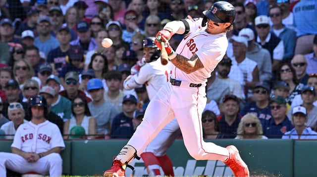 Aug 31, 2025; Boston, Massachusetts, USA; Boston Red Sox left fielder Jarren Duran (16) hits a two run inside the park home run during the fifth inning against the Pittsburgh Pirates at Fenway Park. Mandatory Credit: Eric Canha-Imagn Images