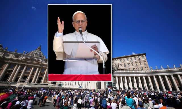 People gather as Pope Leo XIV delivers his blessing while he recites the Angelus noon prayer from the window of his studio overlooking St.Peter's Square, at the Vatican, Sunday, Aug. 31, 2025. (AP Photo/Andrew Medichini)