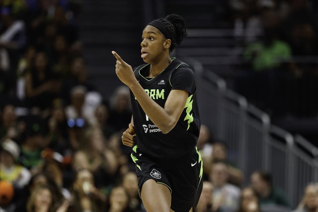 SEATTLE, WASHINGTON - AUGUST 17: Dominique Malonga #14 of the Seattle Storm gestures during the third quarter of the game against the Phoenix Mercury at Climate Pledge Arena on August 17, 2025 in Seattle, Washington.