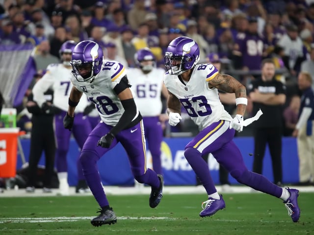 Wide receivers Justin Jefferson #18 and Jalen Nailor #83 of the Minnesota Vikings run a route from the line of scrimmage during first half of the Minnesota Vikings versus Los Angeles Rams NFL Wild Card football game at State Farm Stadium on January 13, 2025 in Glendale, Arizona.