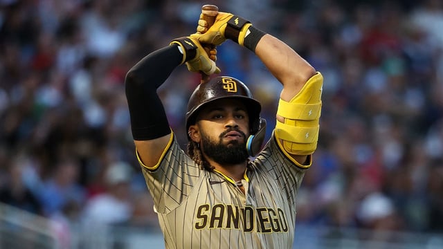 Aug 29, 2025; Minneapolis, Minnesota, USA; San Diego Padres right fielder Fernando Tatis Jr. (23) reacts after hitting a fly out against the Minnesota Twins during the third inning at Target Field. Mandatory Credit: Matt Krohn-Imagn Images