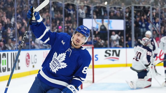 Toronto Maple Leafs left wing Nicholas Robertson (89) celebrates scoring a goal against the Columbus Blue Jackets during the first period at Scotiabank Arena.