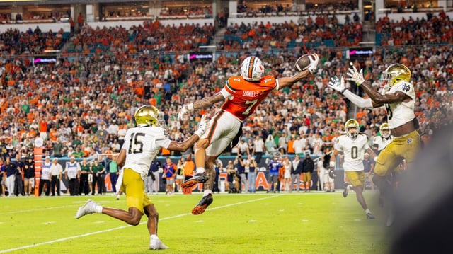 Miami Hurricanes wide receiver CJ Daniels with a one handed touchdown catch over the visiting Notre Dame defense at Hard Rock Stadium on Sunday, Aug. 31, 2025 (Keira Arimenta/Contributor)