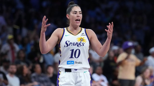 Aug 31, 2025; Los Angeles, California, USA; LA Sparks guard Kelsey Plum (10) reacts against the Washington Mystics in the second half at Crypto.com Arena. Mandatory Credit: Kirby Lee-Imagn Images