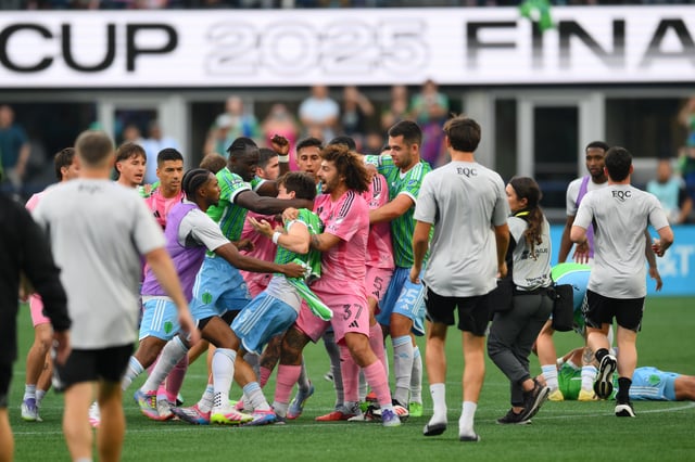 Aug 31, 2025; Seattle, Washington, USA; Seattle Sounders FC and Inter Miami CF push and shove after the game at Lumen Field. Mandatory Credit: Steven Bisig-Imagn Images