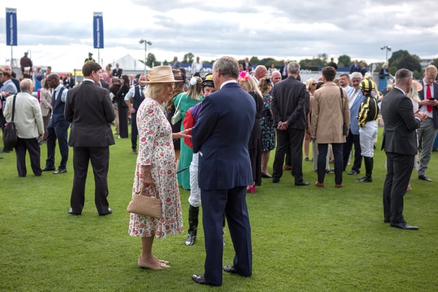 Britain's Queen Camilla attends the Ebor Festival at York Racecourse in York, Britain, August 21, 2025.Ian Forsyth/Pool via REUTERS