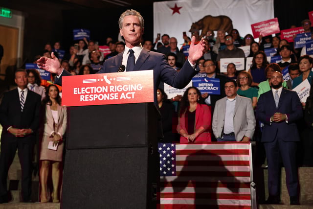 California Gov. Gavin Newsom speaks about the “Election Rigging Response Act” during a press conference in Los Angeles on August 14.
