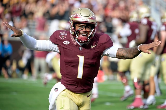 Florida State quarterback Tommy Castellanos (1) celebrates after a touchdown against the Alabama during the second half at Doak S. Campbell Stadium.