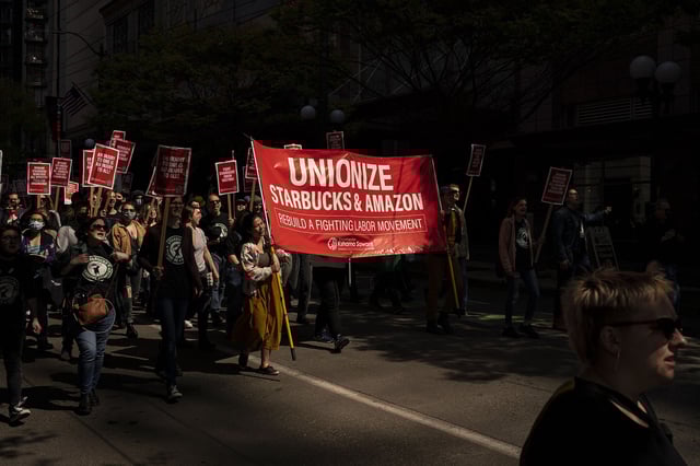 Demonstrators during the 'Fight Starbucks Union Busting' rally in Seattle, Washington, on April 23, 2022.