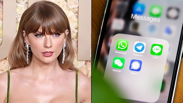 Taylor Swift side-by-side with chat messaging apps on iphone screen