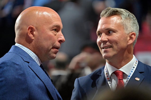 Montreal Canadiens general manager Kent Hughes and talks with head coach Martin St. Louis (Eric Bolte-USA TODAY Sports)