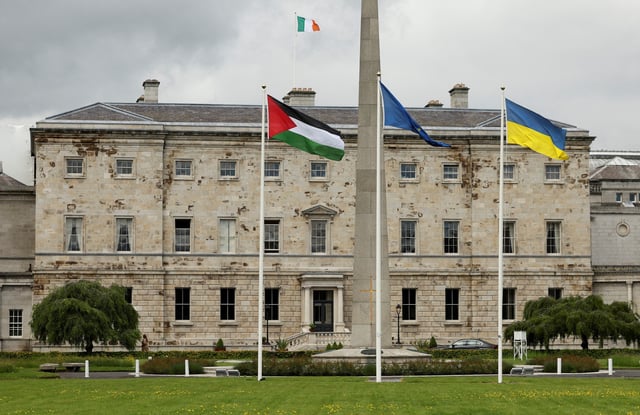 Palestinian, EU, Ukrainian and Irish flags flutter, after Ireland has announced it will recognise the Palestinian state, amid the ongoing conflict between Israel and the Palestinian Islamist group Hamas, outside Leinster House in Dublin, Ireland, May 28, 2024. REUTERS/Damien Eagers/File Photo