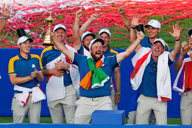 Shane Lowry celebrates Team Europe's victory in the 2023 Ryder Cup at Marco Simone Golf and Country Club.
