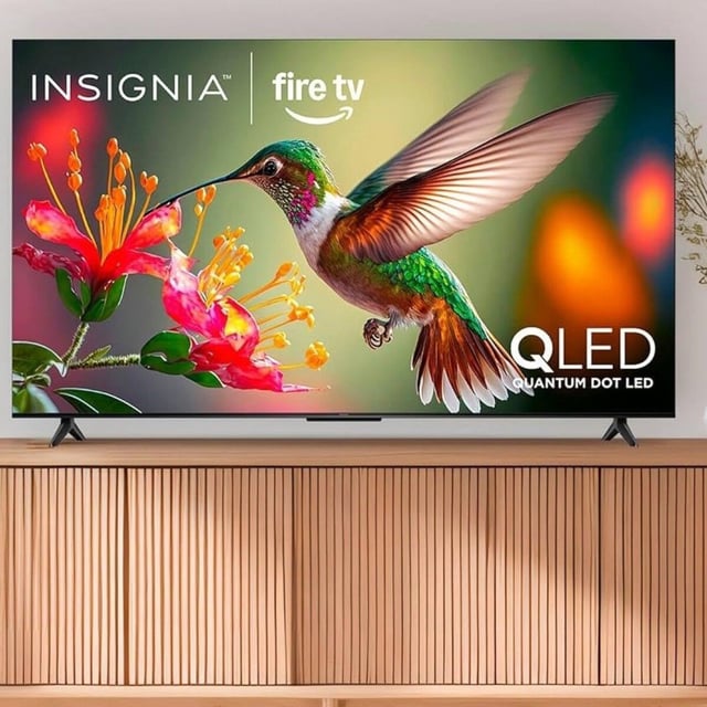 the 65-inch Insignia class qf series TV in a living room, sitting on an entertainment center