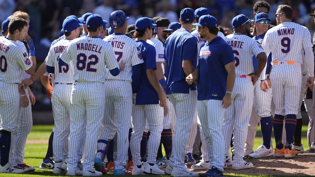 Aug 31, 2025; New York City, New York, USA; The Miami Marlins and New York Mets benches clear after Miami Marlins pitcher Sandy Alcantara (22) (not pictured) hit New York Mets designated hitter Mark Vientos (27) (not pictured) during the seventh inning at Citi Field. Mandatory Credit: Gregory Fisher-Imagn Images