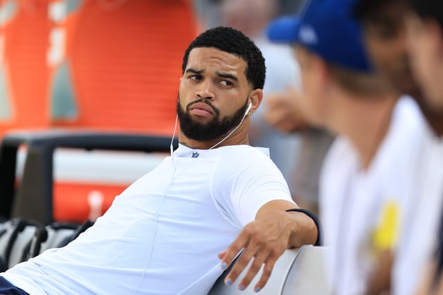 CHICAGO, ILLINOIS - AUGUST 17: Caleb Williams #18 of the Chicago Bears looks on before the NFL Preseason 2025 game between the Buffalo Bills and the Chicago Bears at Soldier Field on August 17, 2025 in Chicago, Illinois. (Photo by Geoff Stellfox/Getty Images)