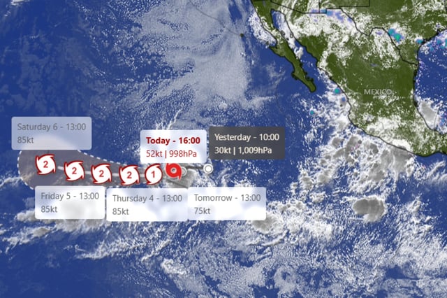 Windy.com map showing Kiko storm tracker map.