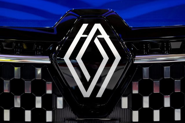 Sofia, Bulgaria - 3 June, 2022: Close-up of Renault logo is seen at Sofia Motor Show.