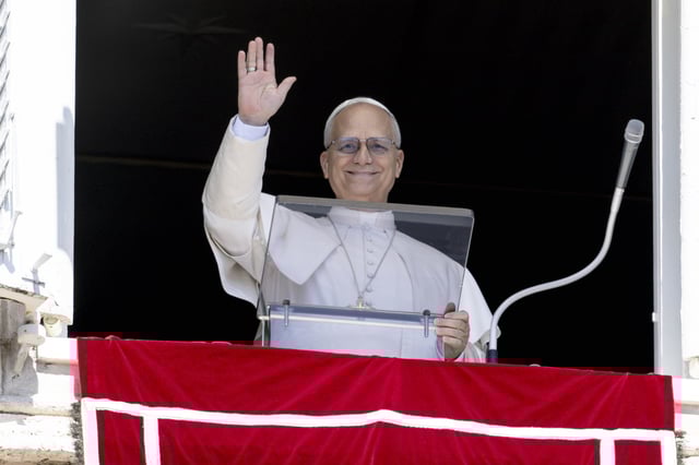 VATICAN CITY, VATICAN - AUGUST 31: (EDITOR NOTE: STRICTLY EDITORIAL USE ONLY - NO MERCHANDISING). Pope Leo XIV delivers his Angelus blessing from the window of his studio overlooking St. Peter's Square on August 31, 2025 in Vatican City, Vatican. (Photo by Mario Tomassetti - Vatican Media via Vatican Pool/Getty Images)