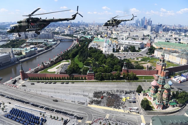 Illustrative image from June 24,2020 shows Mi-8 military helicopters fly over Red Square during the Victory Day military parade in Red Square.