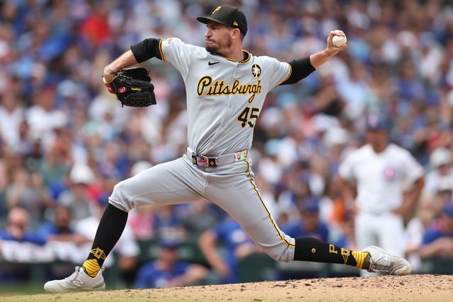 Aug 17, 2025; Chicago, Illinois, USA; Pittsburgh Pirates pitcher Andrew Heaney (45) delivers a pitch during the fifth inning against the Chicago Cubs at Wrigley Field. Mandatory Credit: Melissa Tamez-Imagn Images/File Photo