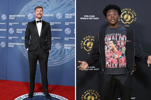 L: MrBeast attends the 11th Breakthrough Prize Ceremony at Barker Hangar on April 05, 2025 in Santa Monica, California. R: IShowSpeed attends the FIFA Club World Cup 2025 group A match between Al Ahly FC and Internacional CF Miami at Hard Rock Stadium on June 14, 2025 in Miami Gardens, Florida.