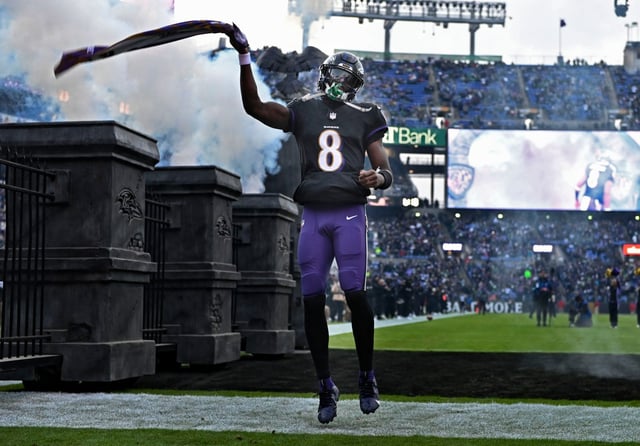 Ravens quarterback Lamar Jackson is introduced before game against the Eagles at M&T Bank Stadium. (Kenneth K. Lam/Staff)