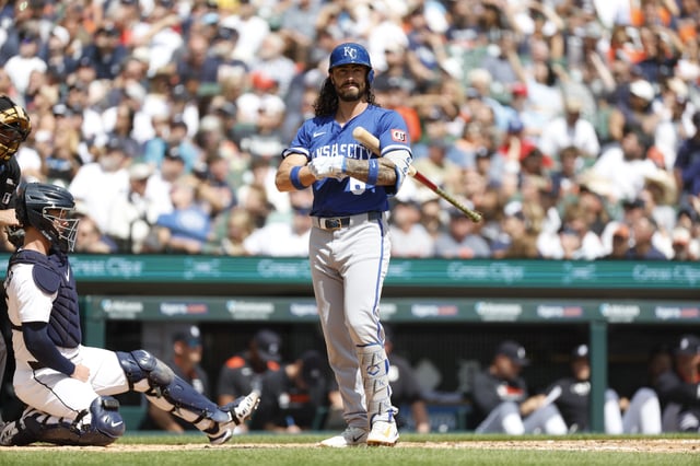 Aug 24, 2025; Detroit, Michigan, USA; Kansas City Royals second baseman Jonathan India (6) looks on during an at bat in the second inning against the Detroit Tigers at Comerica Park. Mandatory Credit: Brian Bradshaw Sevald-Imagn Images/File Photo