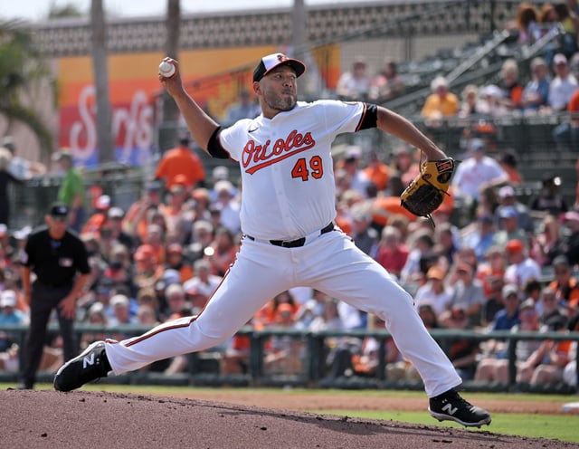 Orioles starter Albert Suárez pitches against the Pirates in the second inning of 2025 Spring Training season opener in Sarasota, Florida, on Saturday. (Kenneth K. Lam/Staff)