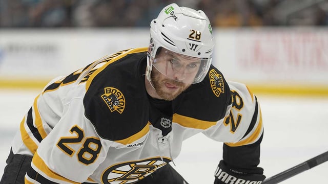Mar 22, 2025; San Jose, California, USA; Boston Bruins center Elias Lindholm (28) during the first period against the San Jose Sharks at SAP Center at San Jose. Mandatory Credit: Stan Szeto-Imagn Images