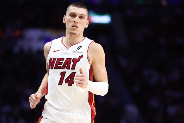 MIAMI, FLORIDA - APRIL 28: Tyler Herro #14 of the Miami Heat looks on against the Cleveland Cavaliers during the third quarter in Game Four of the Eastern Conference First Round NBA Playoffs at Kaseya Center on April 28, 2025 in Miami, Florida.