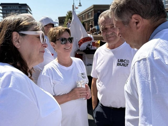 Labour Minister Alyson Townsend, centre left, is seen Monday with Debra Romero, executive secretary-treasurer, and James (Jimmy) Dawson, regional manager of the Atlantic Canada Regional Council of Carpenters, Millwrights and Allied Workers, as well as Health Minister John Dornan. 