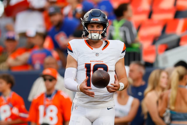 Bo Nix #10 of the Denver Broncos warms up against the Arizona Cardinals during the NFL Preseason 2025 game at Empower Field at Mile High on August 16, 2025 in Denver, Colorado.