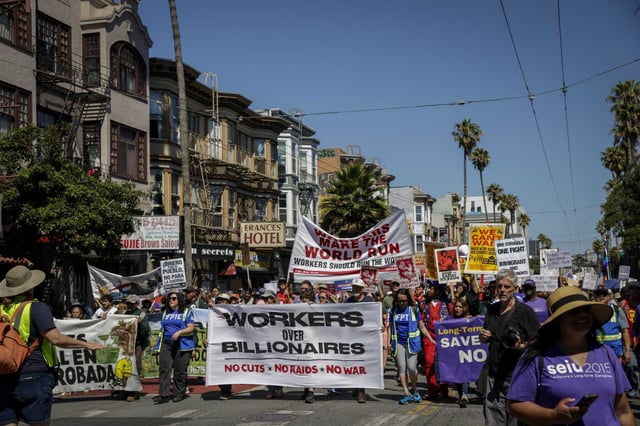 Hundreds protest the Trump administration during Labor Day rallies in San Francisco on Monday, Sept. 1, 2025.